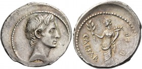 Octavian, 32 – 27. Denarius, Brundisium or Roma 32-29 BC, AR 3.97 g. Bare head r. Rev. CAESAR – D[IVI]·F Pax, draped, standing l., holding olive branc...