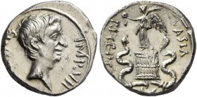 Octavian, 32 – 27. Quinarius circa 29-28 BC, AR 1.76 g. [CAESAR] – IMP VII Bare head r. Rev. ASIA – RECEPTA Victory standing l. on cista mystica, hold...