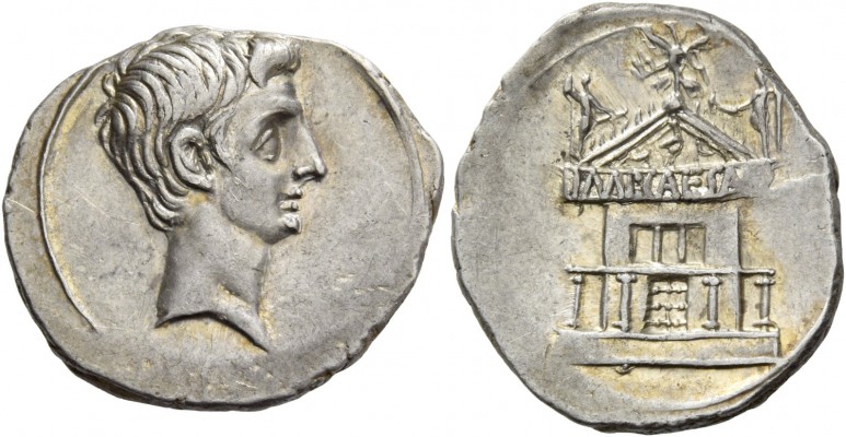 Octavian, 32 – 27. Denarius, Brundisium or Roma circa 29-27 BC, AR 3.76 g. Bare ...