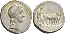 Octavian, 32 – 27. Denarius, Brundisium and Roma (?) 29-27 BC, AR 3.91 g. Laureate head of Apollo r. Rev. Octavian, veiled and laureate, holding whip ...