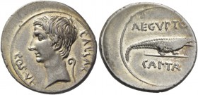 Octavian, 32 – 27. Denarius, Ephesus circa 29-27 BC, AR 3.88 g. CAESAR – COS VI Bare head l.; behind, lituus. Rev. AEGVPTO / CAPTA Crocodile advancing...