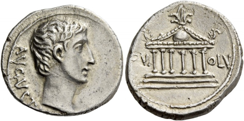 Octavian as Augustus, 27 BC – 14 AD. Denarius, North Peloponnesian mint circa 21...