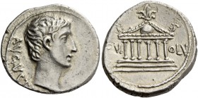 Octavian as Augustus, 27 BC – 14 AD. Denarius, North Peloponnesian mint circa 21 BC, AR 3.62 g. AVGV[STVS] Bare head r. Rev. IOVI – OLV’ Hexastyle tem...