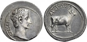 Octavian as Augustus, 27 BC – 14 AD. Denarius, Samos (?) circa 21-20 BC, AR 3.64 g. CAESAR Bare head r. Rev. AVGVSTVS Bull standing r. C 28. BMC 663. ...