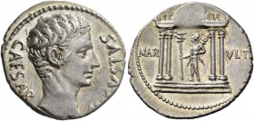 Octavian as Augustus, 27 BC – 14 AD. Denarius, Colonia Patricia (?) circa 19 BC, AR 3.85 g. CAESAR – [AVG]VSTVS Bare head r. Rev. MAR – VLT Mars stand...