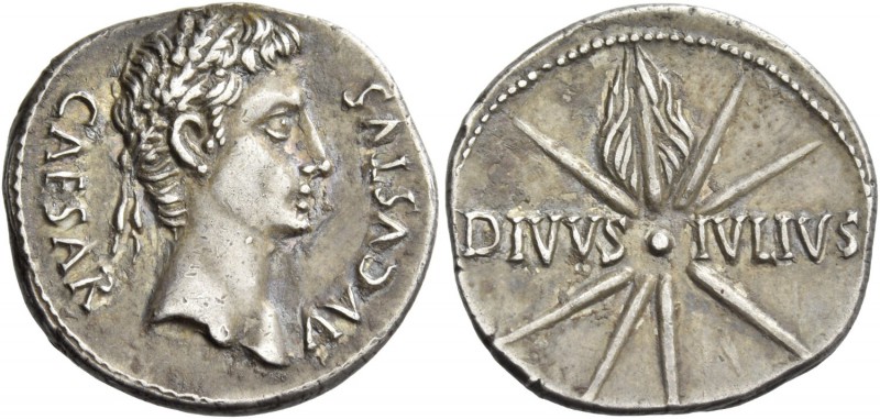 Octavian as Augustus, 27 BC – 14 AD. Denarius, Caesaraugusta (?) circa 19-18 BC,...