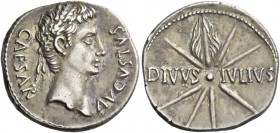 Octavian as Augustus, 27 BC – 14 AD. Denarius, Caesaraugusta (?) circa 19-18 BC, AR 3.80 g. CAESAR – AVGVSTVS Oak-wreathed head r. Rev. DIVVS – IVLIVS...