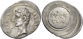 Octavian as Augustus, 27 BC – 14 AD. Denarius, Colonia Caesaraugusta (?) circa 19-18 BC, AR 3.65 g. CAESAR – AVGVSTVS Bare head l. Rev. Round shield i...