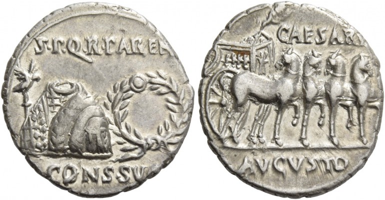 Octavian as Augustus, 27 BC – 14 AD. Denarius, Colonia Patricia circa 18 BC, AR ...