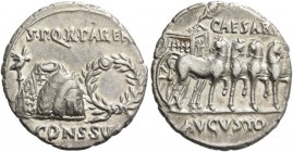 Octavian as Augustus, 27 BC – 14 AD. Denarius, Colonia Patricia circa 18 BC, AR 3.67 g. S P Q R PAREN / CONS SVO Toga picta over tunica palmata betwee...
