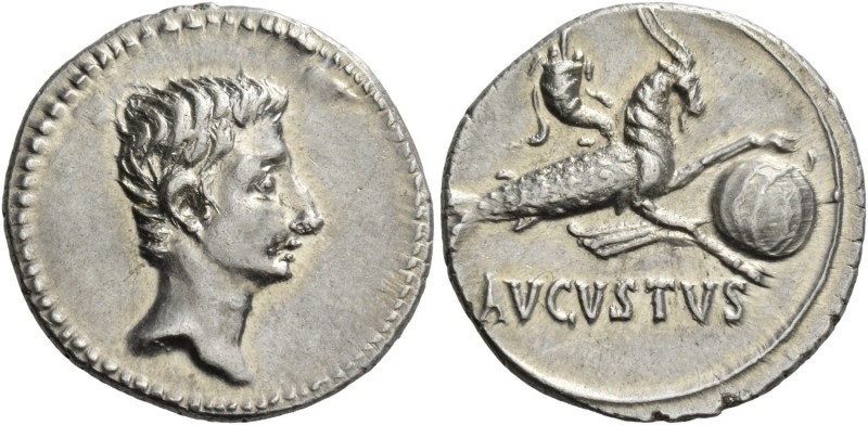 Octavian as Augustus, 27 BC – 14 AD. Denarius, Colonia Patricia circa 18-17/16, ...