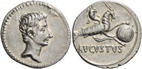Octavian as Augustus, 27 BC – 14 AD. Denarius, Colonia Patricia circa 18-17/16, AR 3.97 g. Bare head r. Rev. Capricorn r., holding globe over rudder; ...