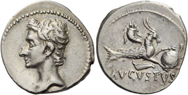 Octavian as Augustus, 27 BC – 14 AD. Denarius, Colonia Patricia circa July 18-17...