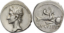 Octavian as Augustus, 27 BC – 14 AD. Denarius, Colonia Patricia circa July 18-17/16 BC, AR 3.92 g. Bare head l. Rev. Capricorn r., holding globe over ...