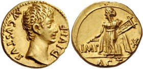 Octavian as Augustus, 27 BC – 14 AD. Aureus, Lugdunum 15-13 BC, AV 7.95 g. AVGVSTVS – DIVI F Bare head r. Rev. IMP X Apollo Citharoedus wearing long d...