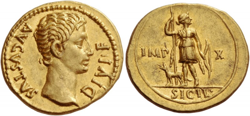 Octavian as Augustus, 27 BC – 14 AD. Aureus, Lugdunum circa 15-13 BC, AV 7.95 g....