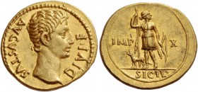 Octavian as Augustus, 27 BC – 14 AD. Aureus, Lugdunum circa 15-13 BC, AV 7.95 g. AVGVSTVS – DIVI F Bare head r. Rev. IMP – X Diana, in short hunting t...