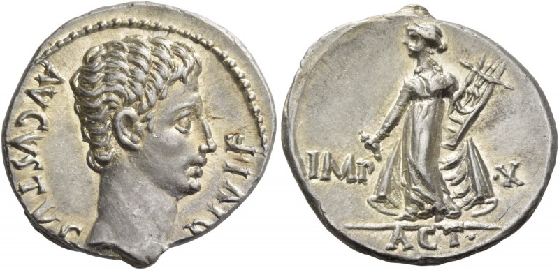 Octavian as Augustus, 27 BC – 14 AD. Denarius, Lugdunum 15-13 BC, AR 3.81 g. AVG...