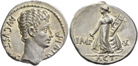 Octavian as Augustus, 27 BC – 14 AD. Denarius, Lugdunum 15-13 BC, AR 3.81 g. AVGVSTVS – DIVI·F Bare head r. Rev. IMP – ·X Apollo Citharoedus standing ...