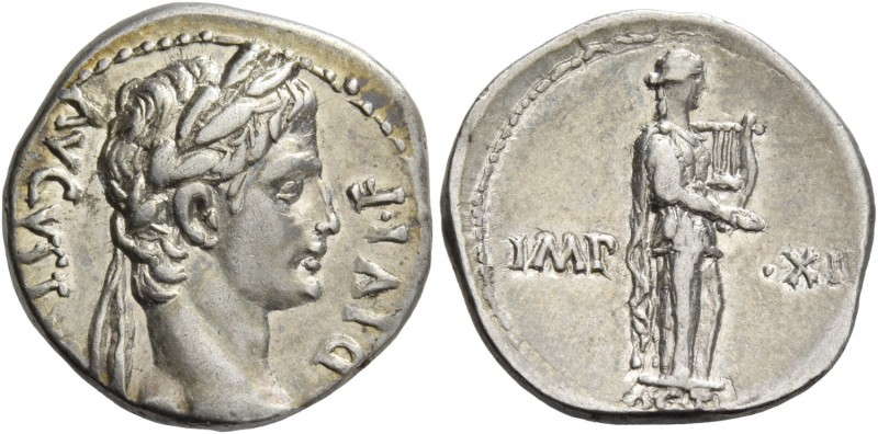 Octavian as Augustus, 27 BC – 14 AD. Denarius, Lugdunum 11-10 BC, AR 3.72 g. AVG...