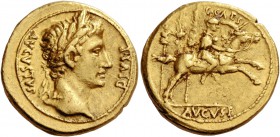 Octavian as Augustus, 27 BC – 14 AD. Aureus, Lugdunum 8 BC, AV 7.83 g. AVGVSTVS – DIVI F Laureate head r. Rev. C CAES Caius Caesar galloping r., holdi...