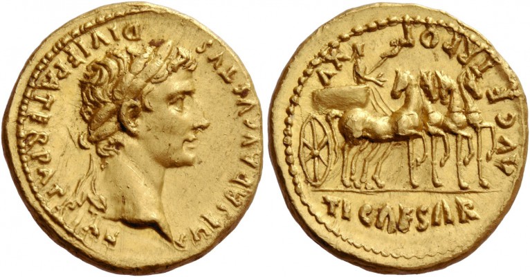 Octavian as Augustus, 27 BC – 14 AD. Aureus, Lugdunum 13-14, AV 7.79 g. CAESAR A...