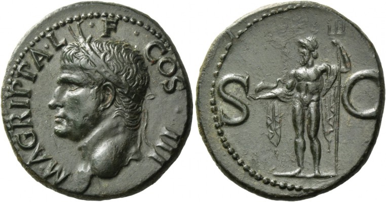 In the name of Agrippa. As after 37, Æ 11.44 g. M AGRIPPA L – F COS III Head l.,...