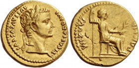 Tiberius augustus, 14 – 37. Aureus, Lugdunum 14-37, AV 7.93 g. TI CAESAR DIVI – AVG F AVGVSTVS Laureate head r. Rev. PONTIF – MAXIM Pax-Livia figure s...