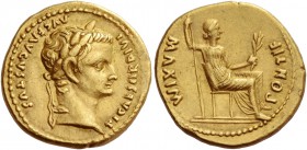 Tiberius augustus, 14 – 37. Aureus, Lugdunum 14-37, AV 7.79 g. TI CAESAR DIVI – AVG F AVGVSTVS Laureate head r. Rev. PONTIF MAXIM Draped female figure...