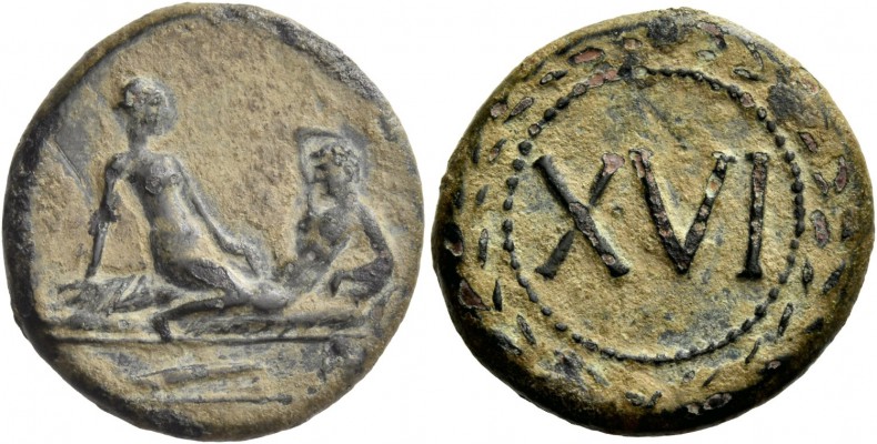 Tiberius augustus, 14 – 37. Erotic tessera, time of Tiberius. Spintria first cen...