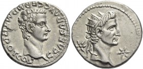 Gaius, 37-41. Denarius, Lugdunum 37-38, AR 3.78 g. C CAESAR AVG GERM P M TR POT COS Bare head of Gaius r. Rev. Radiate head of Augustus or Tiberius r....