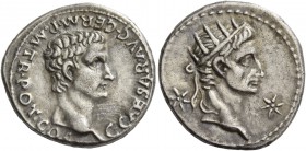 Gaius, 37-41. Denarius, Lugdunum 37-38, AR 3.80 g. C CAESAR AVG GERM P M TR POT COS Bare head of Gaius r. Rev. Radiate head of Augustus or Tiberius r....