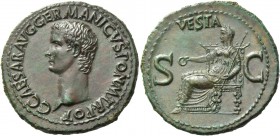 Gaius, 37-41. As 37-38, Æ 11.12 g. C CAESAR AVG GERMANICVS PON M TR POT Bare head l. Rev. VESTA / S – C Vesta, diademed and veiled, seated l. on ornam...