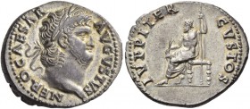 Nero augustus, 54 – 68. Denarius circa 64-65, AR 3.35 g. NERO CAESAR – AVGVSTVS Laureate head r. Rev. IVPPITER – CVSTOS Jupiter seated l., holding thu...