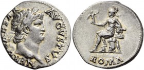 Nero augustus, 54 – 68. Denarius circa 64-65, AR 3.48 g. NER[O CA]ESAR – AVGVSTVS Laureate head r. Rev. Roma seated l. on cuirass, holding Victory in ...