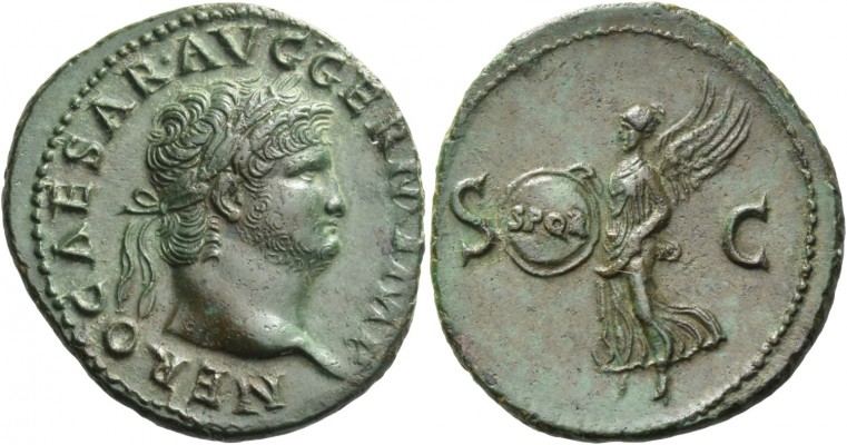 Nero augustus, 54 – 68. As circa 65, Æ 10.09 g. NERO CAESAR AVG GERM IMP Laureat...