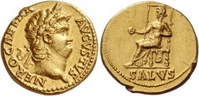 Nero augustus, 54 – 68. Aureus circa 65-66, AV 7.33 g. NERO CAESAR – AVGVSTVS Laureate head r. Rev. Salus seated l. on throne, holding patera in l. ha...