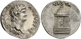 Nero augustus, 54 – 68. Denarius circa 65-66, AR 3.32 g. NERO CAESAR – AVGVSTVS Laureate head r. Rev. VESTA Domed hexastyle temple; within which, stat...