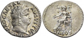 Nero augustus, 54 – 68. Denarius circa 66-67, AR 3.45 g. IMP NERO CAESAR – AVGVSTVS Laureate head with beard r. Rev. Salus seated l. on throne; in exe...