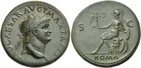 Nero augustus, 54 – 68. Sestertius, Lugdunum circa 67, Æ 27.17 g. [IMP N]ERO CAESAR AVG P MAX TR [P P P] Laureate head r., with globe at point of neck...