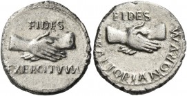 The Civil Wars, 68 – 69. Denarius, Southern Gaul (?) circa 69, AR 3.27 g. FIDES / EXERCITVVM Clasped hands. Rev. FIDES / [PR]AETORIANORVM Clasped hand...