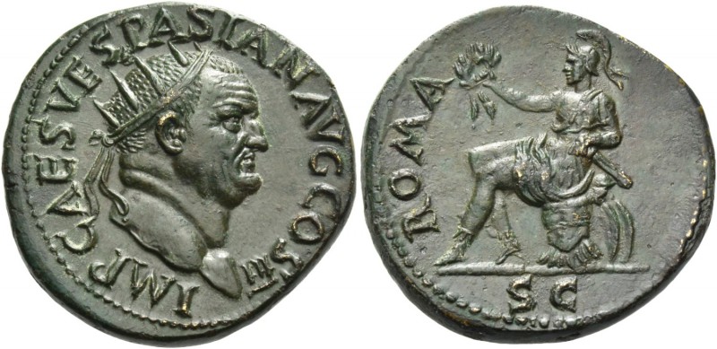 Vespasian, 69 – 79. Dupondius 71, Æ 12.92 g. IMP CAES VESPASIAN AVG COS III Radi...