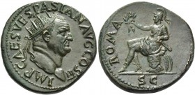 Vespasian, 69 – 79. Dupondius 71, Æ 12.92 g. IMP CAES VESPASIAN AVG COS III Radiate head r. Rev. ROMA Roma seated l. on cuirass, holding wreath and pa...