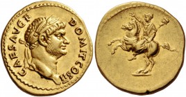 Domitian caesar, 69 - 81. Aureus 73, AV 7.24 g. CAES AVG F – DOMIT COS II Laureate head r. with slight beard. Rev. Domitian on horseback l., raising r...