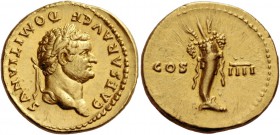 Domitian caesar, 69 - 81. Aureus early 76-early 77, AV 7.29 g. CAESAR AVG F DOMITIANVS Laureate head r. Rev. COS – IIII Cornucopiae tied up with ribbo...