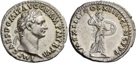 Domitian augustus, 81 – 96. Denarius 1st January-13rd September 88, AR 3.63 g. IMP CAES DOMIT AVG GERM P M TR P VII Laureate head r. Rev. IMP XIIII CO...