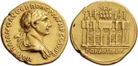 Trajan augustus, 98 – 117. Aureus circa 115, AV 7.35 g. IMP TRAIANO AVG GER DAC P M TR P COS VI P P Laureate and draped bust r. Rev. Façade of Trajan’...