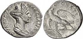 Diva Marciana, sister of Trajan. Denarius September 112-117, AR 3.35 g. Draped bust r., hair elaborately dressed, above which crescent-shaped diadem. ...
