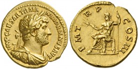 Hadrian augustus, 117 – 138. Aureus 119-122, AV 7.13 g. IMP CAESAR TRAIA – N HADRIANVS AVG Laureate, draped and cuirassed bust r. Rev. P M T – R P – C...