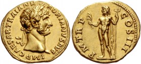 Hadrian augustus, 117 – 138. Aureus 119-122, AV 7.26 g. IMP CAESAR TRAIAN H – ADRIANVS AVG Laureate head r. Rev. P M TR P – COS III Neptune standing l...
